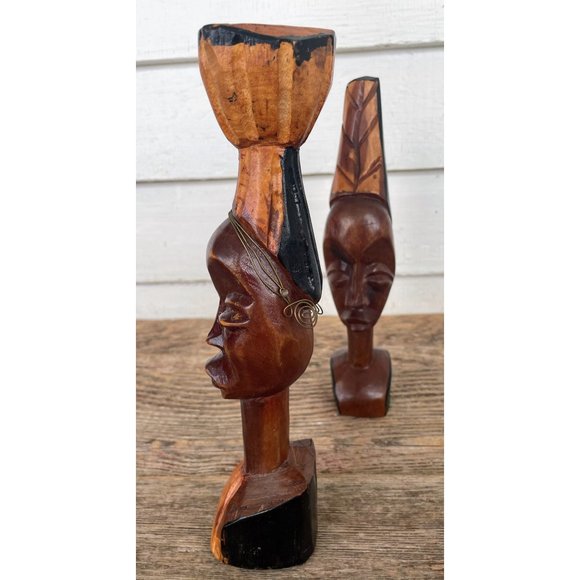 Vintage MCM African Carved Wood Head Busts Woman Man Wire Jewelry - Picture 2 of 15